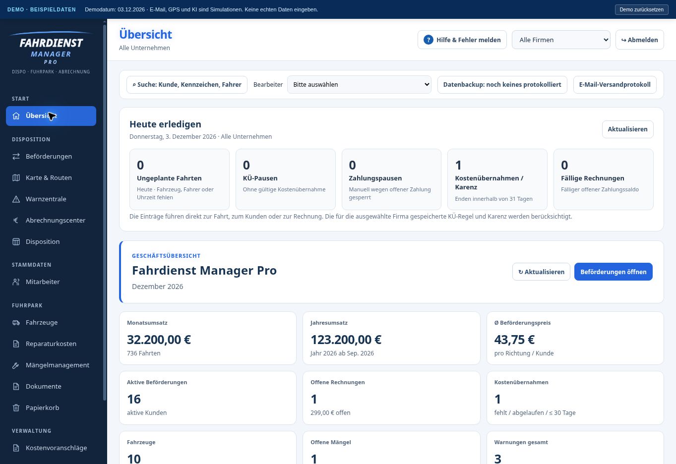 Übersicht der echten Fahrdienst-Manager-Pro-Demo