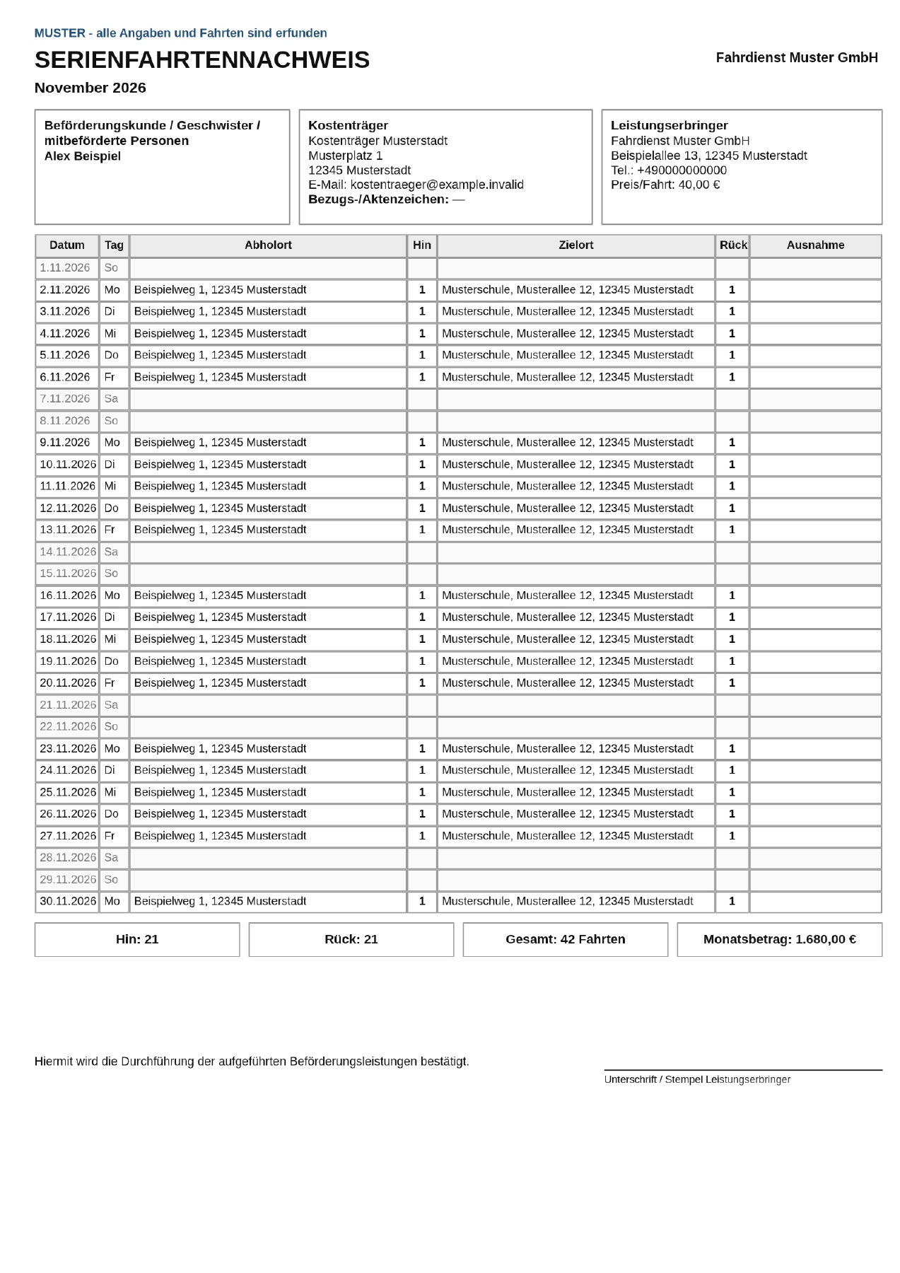Originaler Serienfahrtennachweis der App für Alex Beispiel, November 2026, Fahrdienst Muster GmbH. Repräsentativer Testdatenbestand.